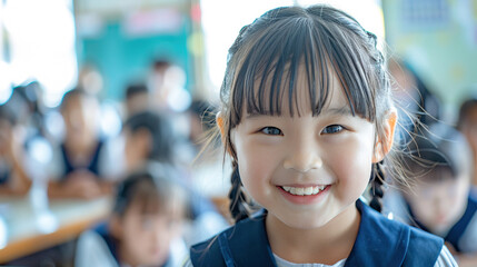 Happy Japanese School Girl Smiling in Classroom with Friends