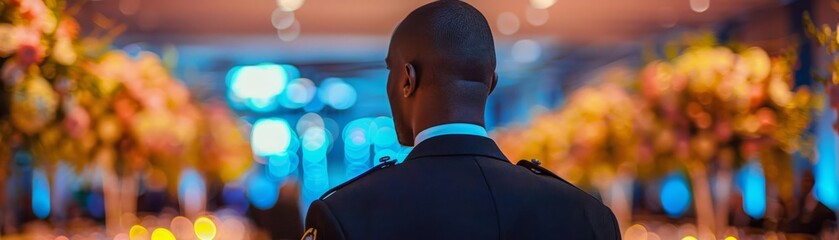 Security guard overseeing the event, ensuring safety with a gentle but vigilant presence, watching over the joyful proceedings