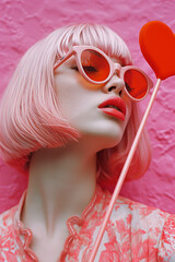 Romantic girl with a pink bob hairstyle wearing pink glasses. Retro postcard