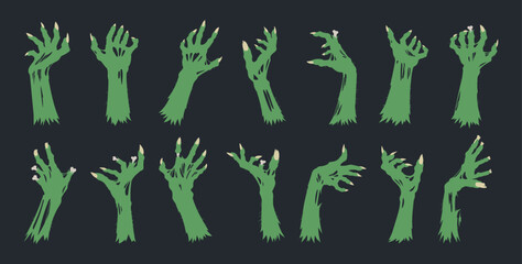 Fototapeta premium Halloween zombie arms. Monsters bony green hands, spooky living dead creepy scrawny hands flat vector illustration set. Horror zombie hands