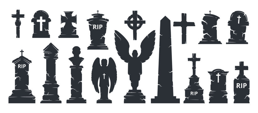Halloween tombstones silhouettes. Cemetery creepy gravestones, crosses, obelisk and statues, horror halloween grave stones flat cartoon vector illustration set. Cartoon gravestones