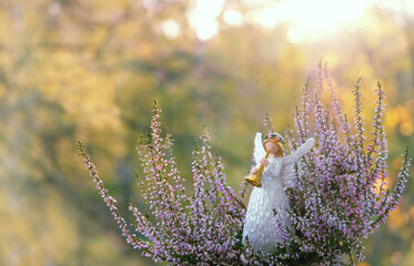 angel figurine and heather flowers close up in garden, sunny abstract natural background. Beautiful...