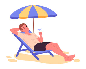 Man sunbathing on beach. Guy relaxing on beach lounger under umbrella, male character on summer holiday vacation flat vector illustration. Cartoon man on beach