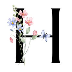 Letter H, floral monogram with watercolor wild flowers and leaf. Letterhead, initial perfectly for wedding invitation, greeting card, logo, poster and other design. Holiday design hand painting.