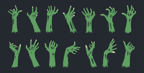 Monsters bony green hands. Halloween scrawny zombie arms, horror zombie hands flat vector illustration set. Spooky living dead creepy hands