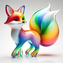 A stunning blown glass sculpture of a playful, cute fox with seamlessly blended rainbow colors, white background