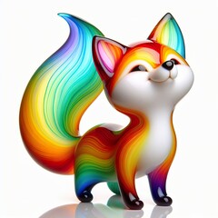 A stunning blown glass sculpture of a playful, cute fox with seamlessly blended rainbow colors, white background