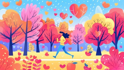 Fototapeta na wymiar The image shows a happy young woman running through a park on a sunny day World Heart Concept