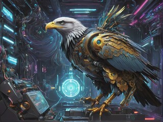 Electronic mecha hawk, cyberpunk futurism. AI generated images.