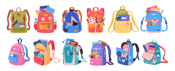 School backpacks. Cartoon kids schoolbags with books and stationery, students backpack for school supplies and notebooks flat vector illustration set. Childish various school bags collection