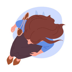 Sitting woman. Waiting girl sit on cushion view from above, sitting female character top view, woman waiting for smth flat vector illustration. Cartoon sitting woman top view