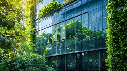 "Eco-Friendly Modern Glass Building with Lush Greenery"