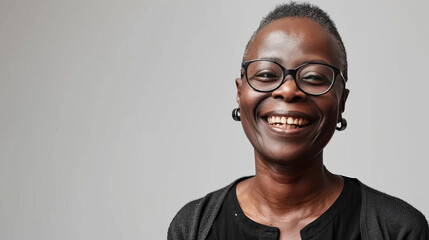 A woman with glasses is smiling and has her mouth open