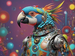 Electronic mecha parrot, cyberpunk futurism. AI generated images.