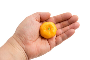 Hand holding mini orange fruit isolated on white background.