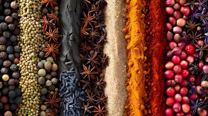 Mix of different spices in lines, closeup, Different aromatic spices, Spices scattered on the table - obrazy, fototapety, plakaty