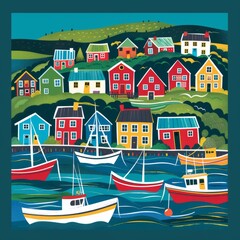 Illustration of a quaint coastal village scene Include a mix of colored houses