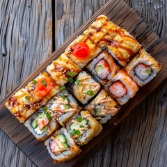 Uramaki Sushi Rolls with Shrimps, Eel, Salmon and Cucumber Outside on Natural Wooden Background