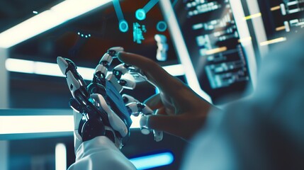 AI researcher programming robot, close-up on hands and code, futuristic lab light 