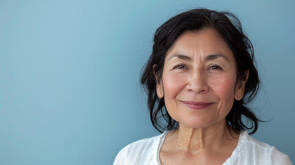 A woman with a white shirt and long hair is smiling