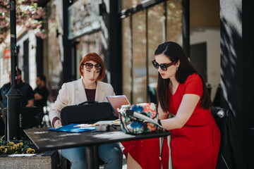 Professional businesswomen in stylish attire collaborating on a project in an urban outdoor setting.
