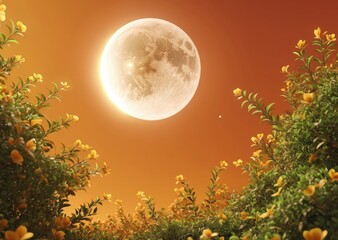 Night background of flowers and full moon. AI generated images.
