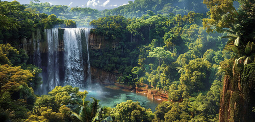 An expansive view of a jungle clearing, where a wide waterfall spills over a cliff into a clear pool below. The surrounding trees are vibrant with life, 