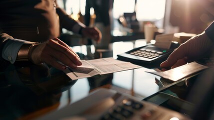 Bank customer depositing checks, close-up on hands and checkbook, inviting counter light 