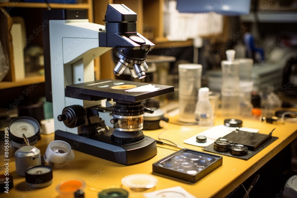 Poster precise student microscope test. person work experiment clinic lab. generate ai