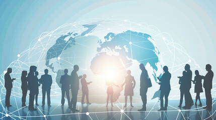 A group of people are standing around a globe, with the sun shining on them. Concept of unity and collaboration, as the people are all connected by the globe and the sun