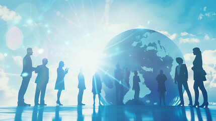 A group of people are standing around a globe, with the sun shining on them. Concept of unity and collaboration, as the people are all connected by the globe and the sun