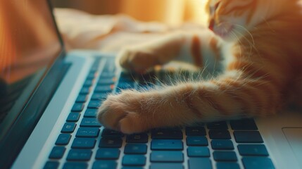 Kitten with a paw on a laptop keyboard, studying, close-up, home office setting, gentle morning...