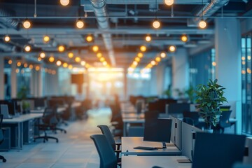 Fototapeta premium Empty open space office. natural light bokeh at office interior background for design.