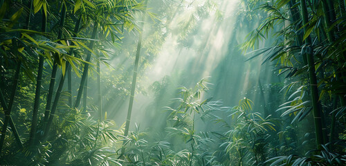 An expansive view of a dense bamboo forest, with the morning light casting ethereal rays through the foliage. The composition leaves a clear, 