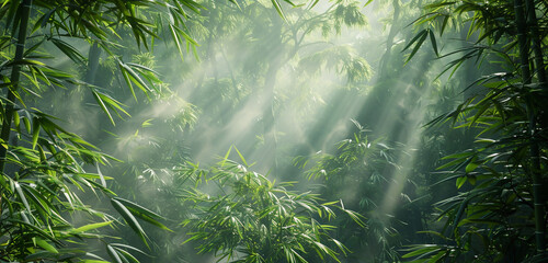 An expansive view of a dense bamboo forest, with the morning light casting ethereal rays through...