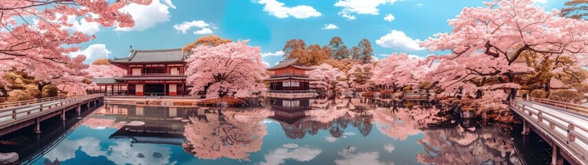 Obraz premium View of the land of cherry blossoms. Travel background.