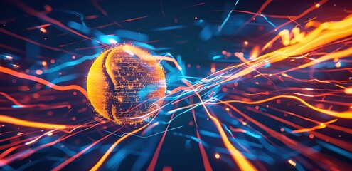 Vibrant tennis ball in motion, surrounded by colorful energy and abstract shapes on a dark background with neon lights. - obrazy, fototapety, plakaty