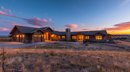 An expansive ranch-style home set in a sprawling landscape at dusk. The house features an open,...