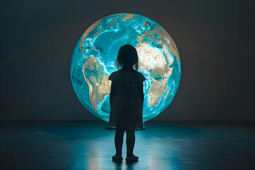 A little girl stands in front of a globe, seeing the world in her own way, representing the concept of child autism and unique perspectives.