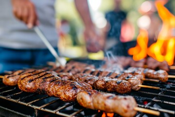 Close-up of a grill during a summer barbecue party with a blurred background of people having fun. Concept of outdoor holiday party at campsite with friends and family with copyspace
