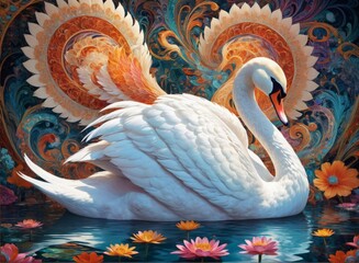 White swan in azure lotus pond in front of gorgeous background. AI generated images.