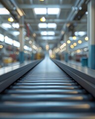Fototapeta premium Blank conveyors on a blurred factory background 3d illustration