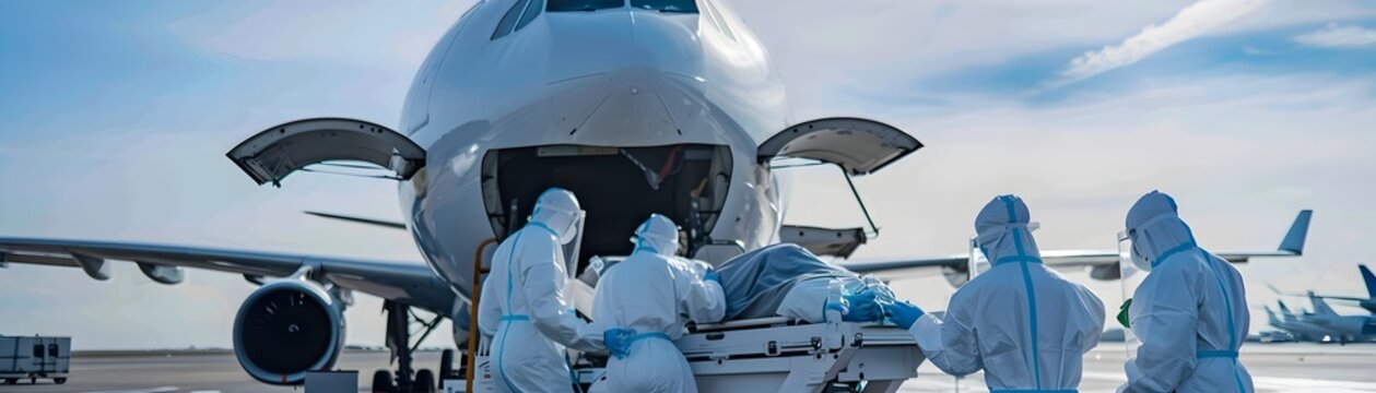 Medical Repatriation Team Transporting Isolated Patient in Biocontainment Unit onto Aircraft During Pandemic Crisis