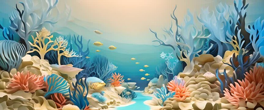 Paper-cut illustration of a coral reef bleaching event, minimalist 3D style, highly blurred oceanic background,