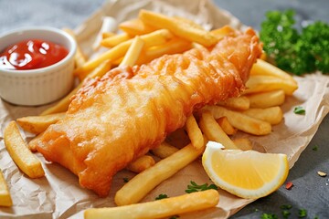 Fish and chips and french fries with lemon and sauce on a wooden table
