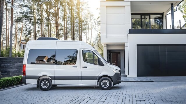 Secure moving van parked in front of home for professional transfer. Concept Moving Van Security, Home Transfer, Professional Services, Neighborhood Safety