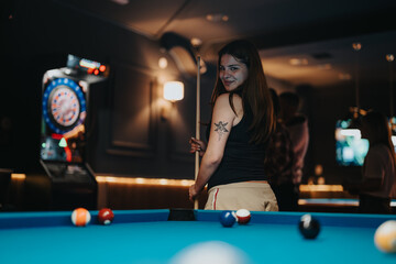 A young woman enjoys a game of pool in a bustling bar atmosphere, showcasing leisure and nightlife.