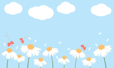 Daisy garden, flying petals and butterflies on blue sky background vector.