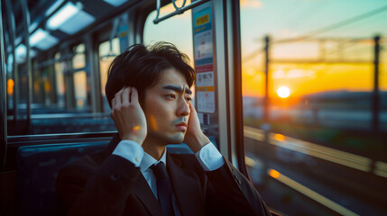 depressed,exhausted,sad,Japanese businessman  in stressful he use one hand Hold his temples and looking out the window while traveling on the train