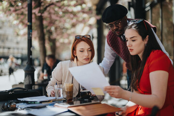 Engaged business partners in a serious discussion during a teamwork meeting at an outdoor setting, focusing on strategy and planning.
